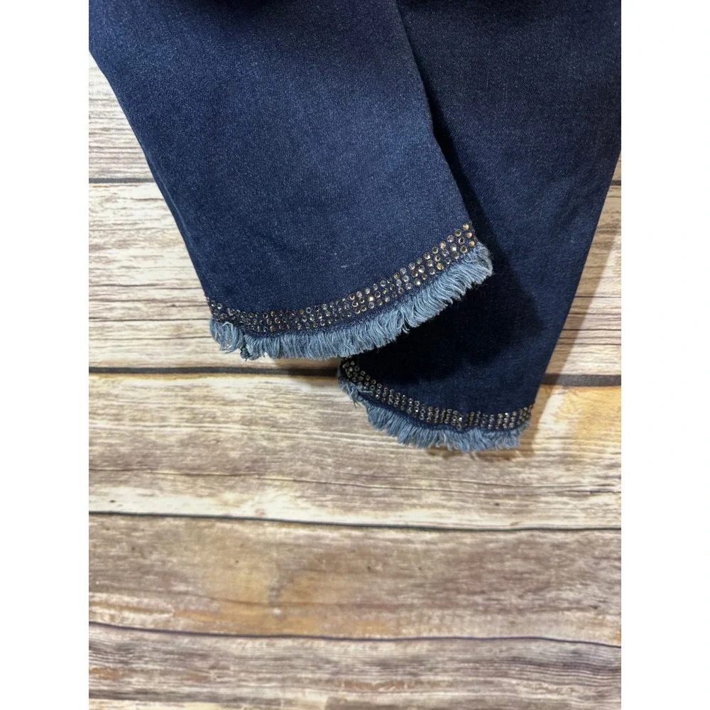 Chicos Jegging Ankle Jeans Dark Wash Rhinestone Frayed Tulip Hem Size 1 US 8